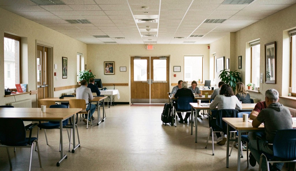 A welcoming community hall with clear entrance, shared tables, accessible circulation and distant anonymous activity