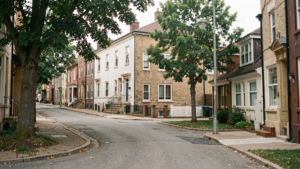 A neighborhood street view where a new building sits among older facades, trees, pavement and a clearly visible route of approach