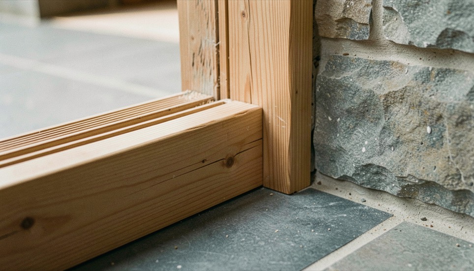 A close architectural photograph of a timber-to-stone junction and threshold, fine construction layers visible in natural side light