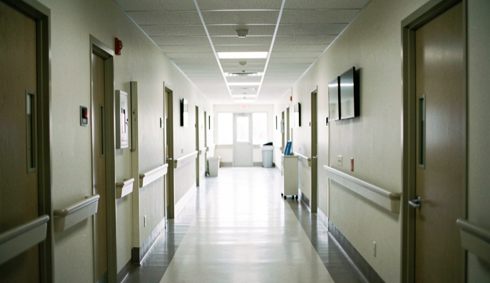 An empty healthcare corridor with closed doors, blank screens and controlled access, photographed without patients or readable information