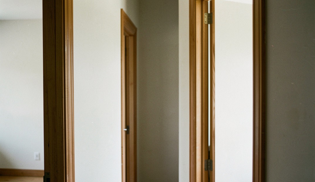 A calm interior with door frames and wall corners held vertical while the camera remains level at a deliberate working height