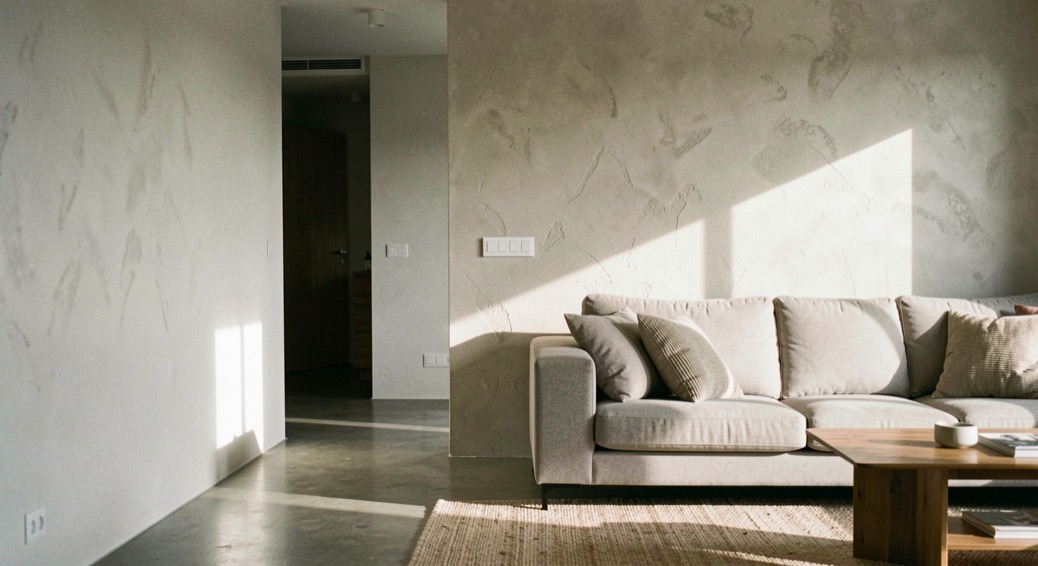 A calm contemporary living room where daylight crosses a textured wall and reveals the path from doorway to seating area