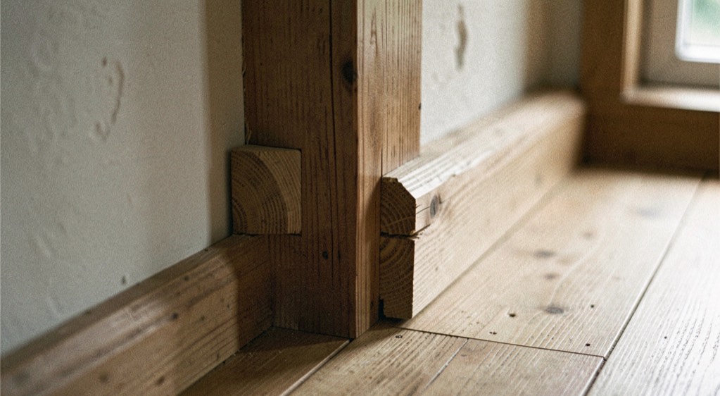 A close interior view pairing a crafted timber joint with enough wall, floor and daylight to explain where the detail belongs