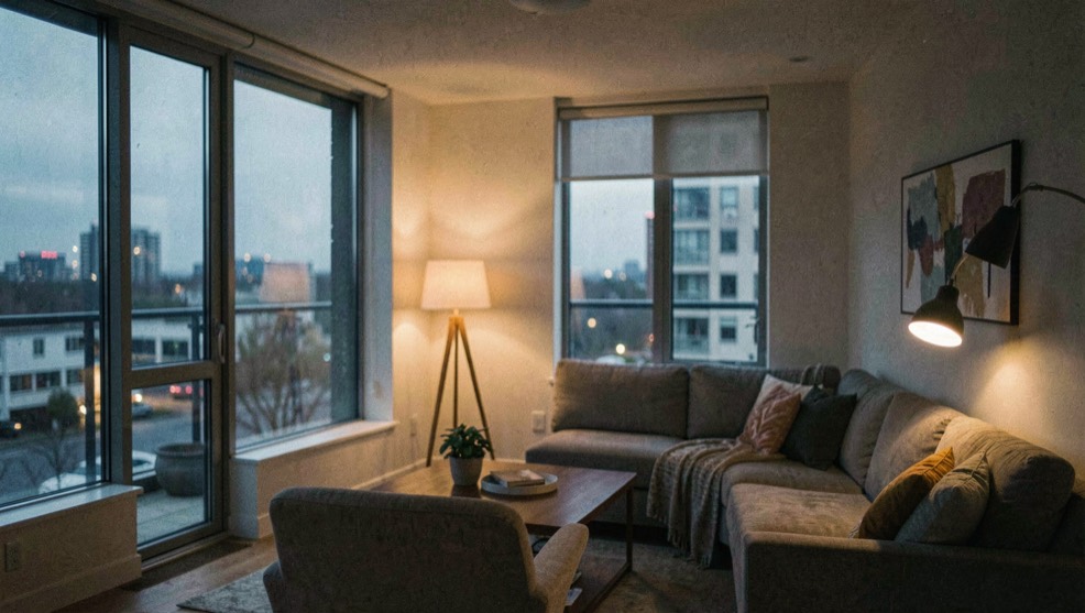 A contemporary interior at dusk where cool window light and warm practical lamps remain distinct but balanced across the room