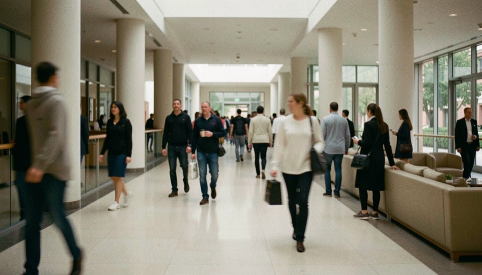 Anonymous blurred figures moving through a public atrium, their scale and route clarifying how the architecture is used