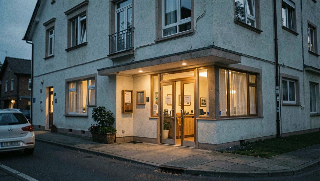 A small hotel exterior in blue-hour light with warm interior illumination, the entrance and surrounding street still clearly readable